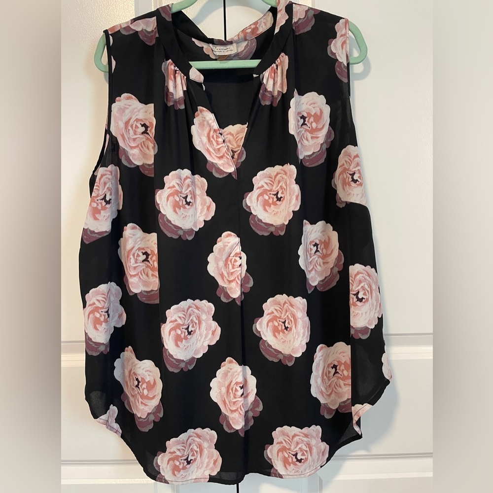 Tahari Sleeveless Blouse with Pink Floral Design